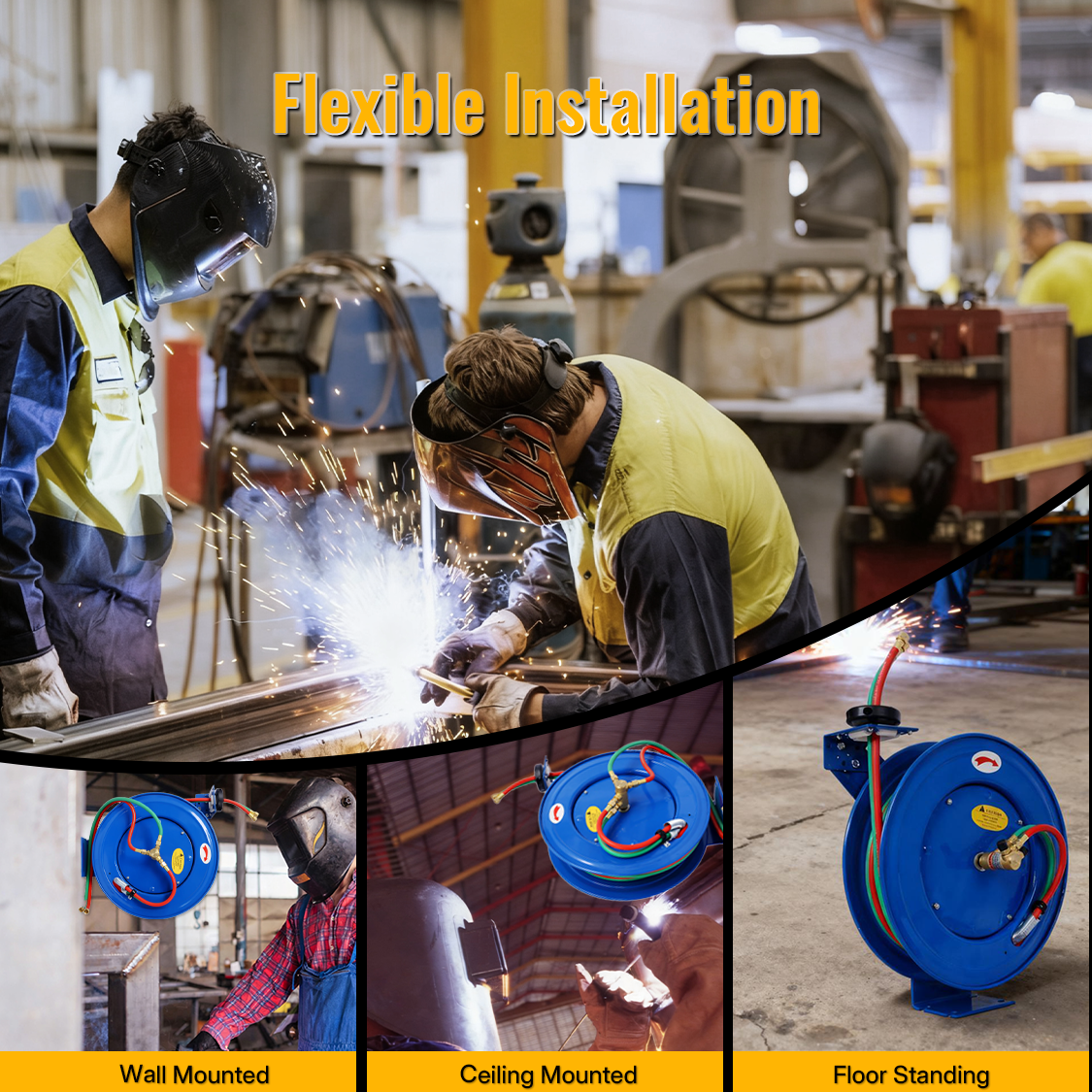 Welding Hose Reel Retractable 1/4 Inch x 50 Foot Twin Oxygen Acetylene Rubber STD Max 200PSI Heavy Duty Single Arm Construction - Fab Heavy Parts