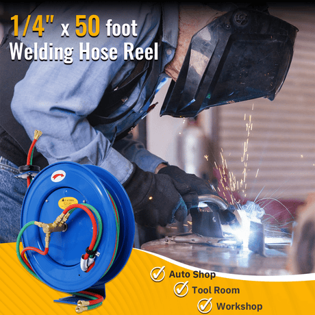 Welding Hose Reel Retractable 1/4 Inch x 50 Foot Twin Oxygen Acetylene Rubber STD Max 200PSI Heavy Duty Single Arm Construction - Fab Heavy Parts