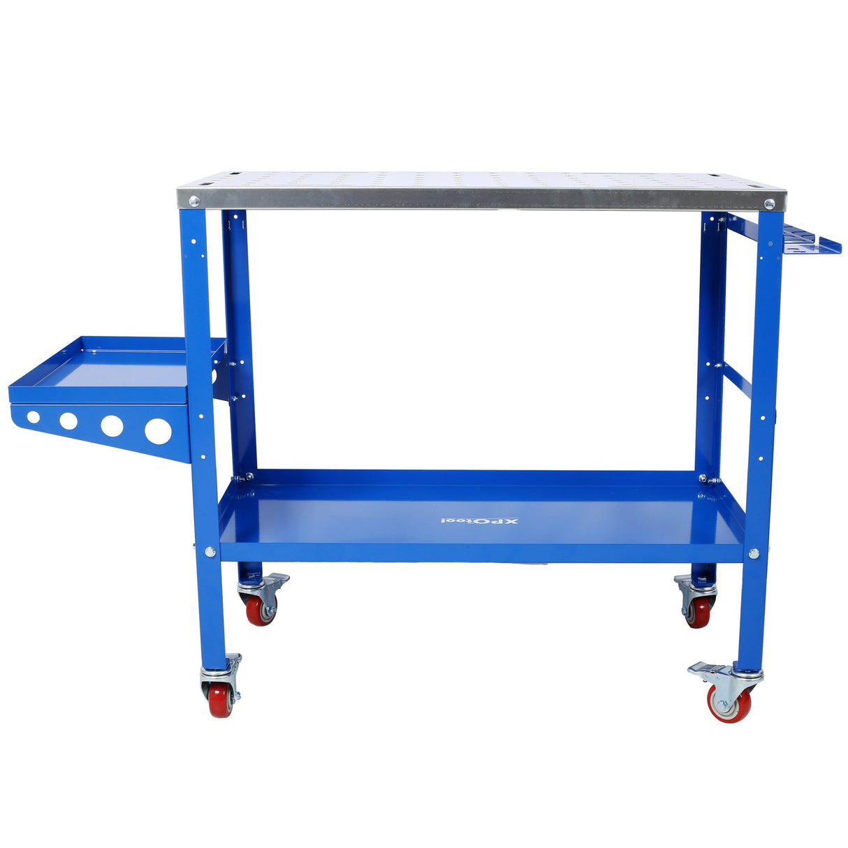 Welding Workbench on Wheels 36"x18" 1200lbs Capacity Steel Portable with Braking Lockable Casters Tool Slots 5/8 - inch Fixture Holes Tray Blue - Fab Heavy Parts