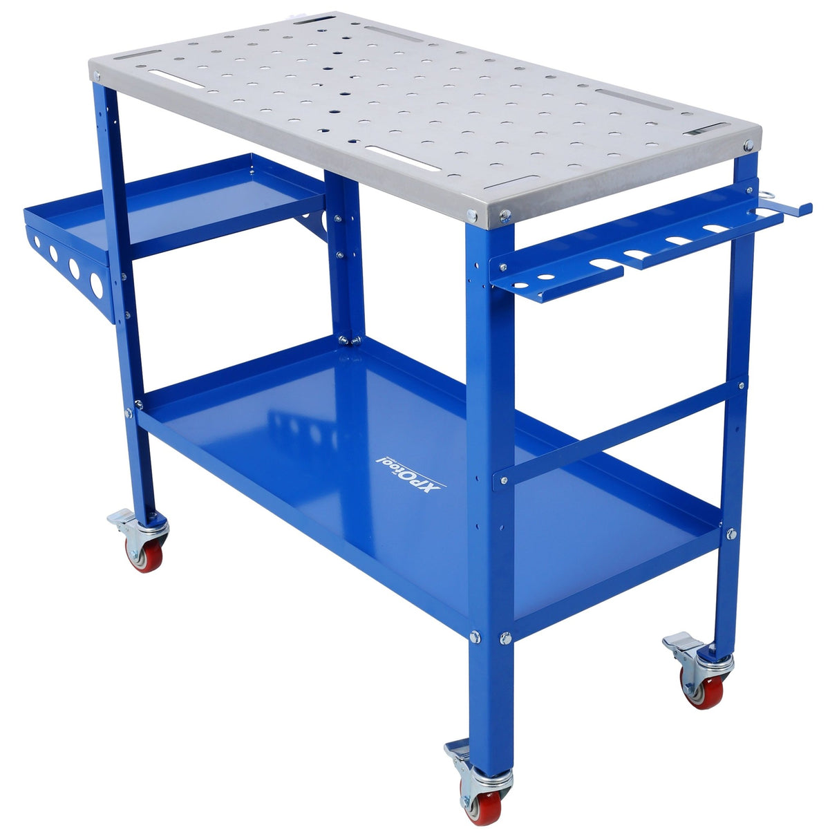 Welding Workbench on Wheels 36"x18" 1200lbs Capacity Steel Portable with Braking Lockable Casters Tool Slots 5/8 - inch Fixture Holes Tray Blue - Fab Heavy Parts