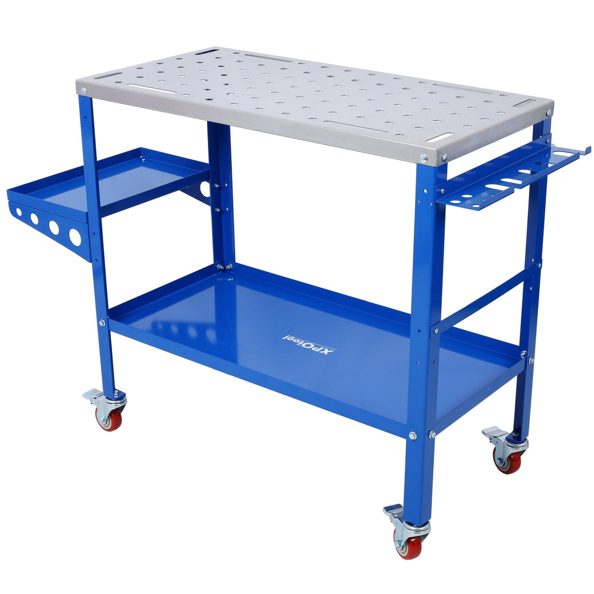 Welding Workbench on Wheels 36"x18" 1200lbs Capacity Steel Portable with Braking Lockable Casters Tool Slots 5/8 - inch Fixture Holes Tray Blue - Fab Heavy Parts