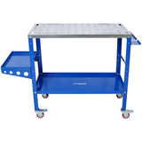 Welding Workbench on Wheels 36"x18" 1200lbs Capacity Steel Portable with Braking Lockable Casters Tool Slots 5/8 - inch Fixture Holes Tray Blue - Fab Heavy Parts