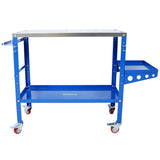 Welding Workbench on Wheels 36"x18" 1200lbs Capacity Steel Portable with Braking Lockable Casters Tool Slots 5/8 - inch Fixture Holes Tray Blue - Fab Heavy Parts