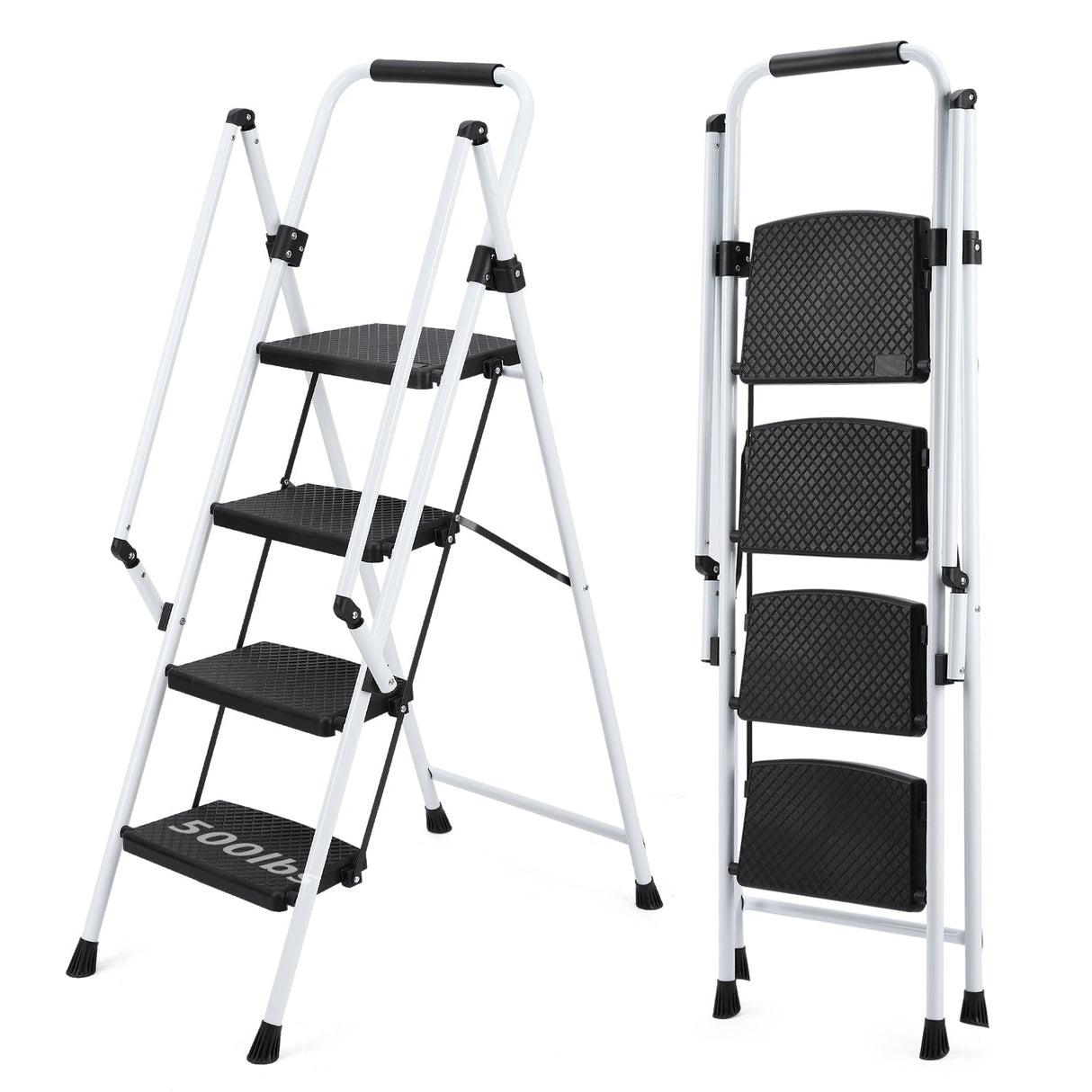 White 4 - Step Ladder Light Folding Wide Anti - skid Pedal and Safety Handle Strong Steel - Fab Heavy Parts