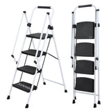 White 4 - Step Ladder Light Folding Wide Anti - skid Pedal and Safety Handle Strong Steel - Fab Heavy Parts