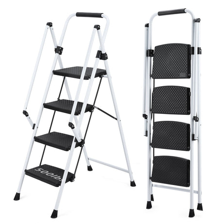 White 4 - Step Ladder Light Folding Wide Anti - skid Pedal and Safety Handle Strong Steel - Fab Heavy Parts