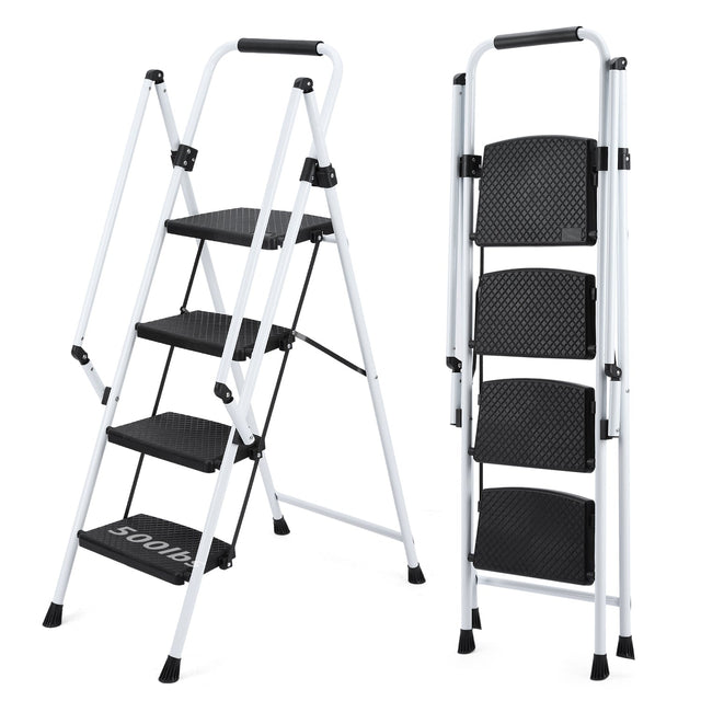 White 4 - Step Ladder Light Folding Wide Anti - skid Pedal and Safety Handle Strong Steel - Fab Heavy Parts