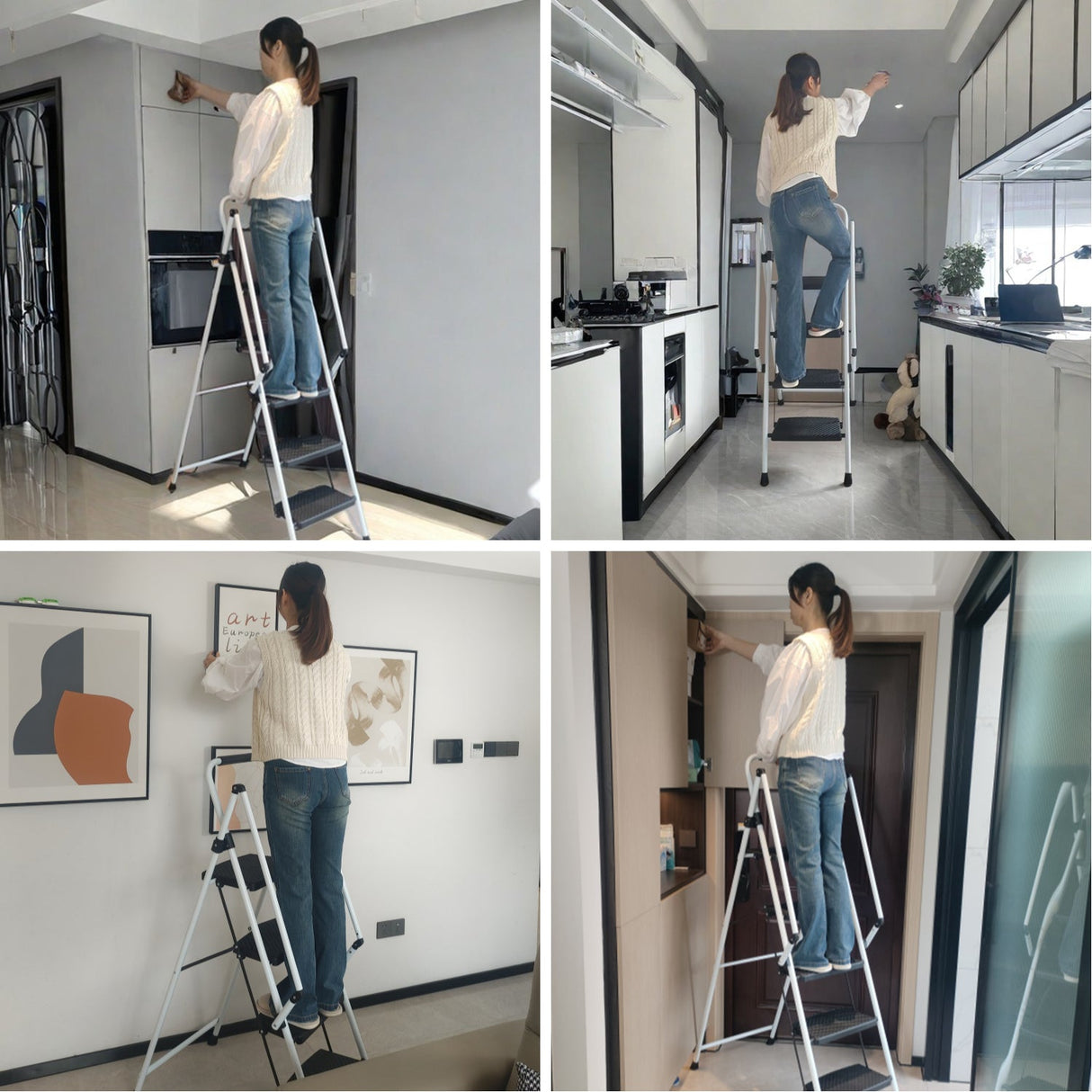 White 5 - Step Ladder Folding Wide Anti - skid Pedal and Safety Handle Strong Steel - Fab Heavy Parts