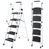 White 5 - Step Ladder Folding Wide Anti - skid Pedal and Safety Handle Strong Steel - Fab Heavy Parts