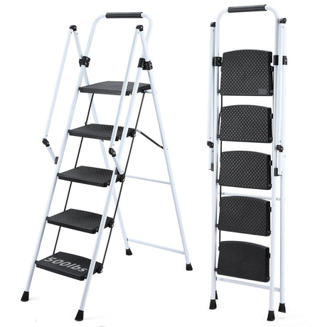 White 5 - Step Ladder Folding Wide Anti - skid Pedal and Safety Handle Strong Steel - Fab Heavy Parts
