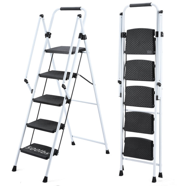 White 5 - Step Ladder Folding Wide Anti - skid Pedal and Safety Handle Strong Steel - Fab Heavy Parts