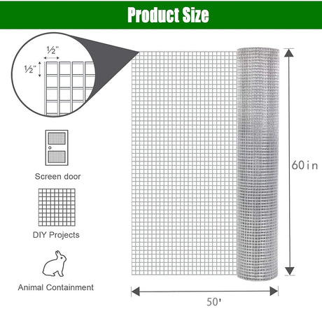 Wire Mesh Fence Roll 60inx50ft, 1/2inchx1/2inch 19GA Galvanized Steel Poultry Netting, Vinyl Coating Metal Wire Hardware Cloth Fence for Garden Yard Animals Plants Protection, Silver - Fab Heavy Parts