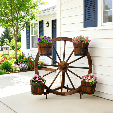 Wood Wagon Wheel Barrel Planter Display - Brown - Fab Heavy Parts