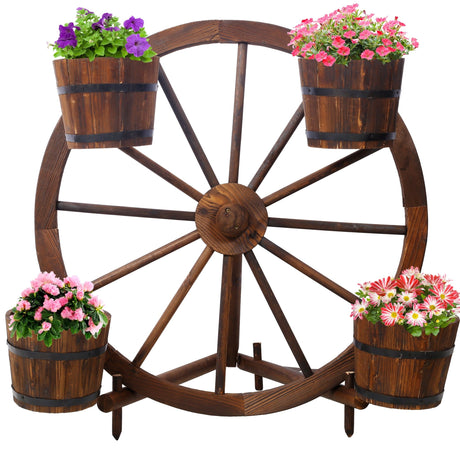 Wood Wagon Wheel Barrel Planter Display - Brown - Fab Heavy Parts