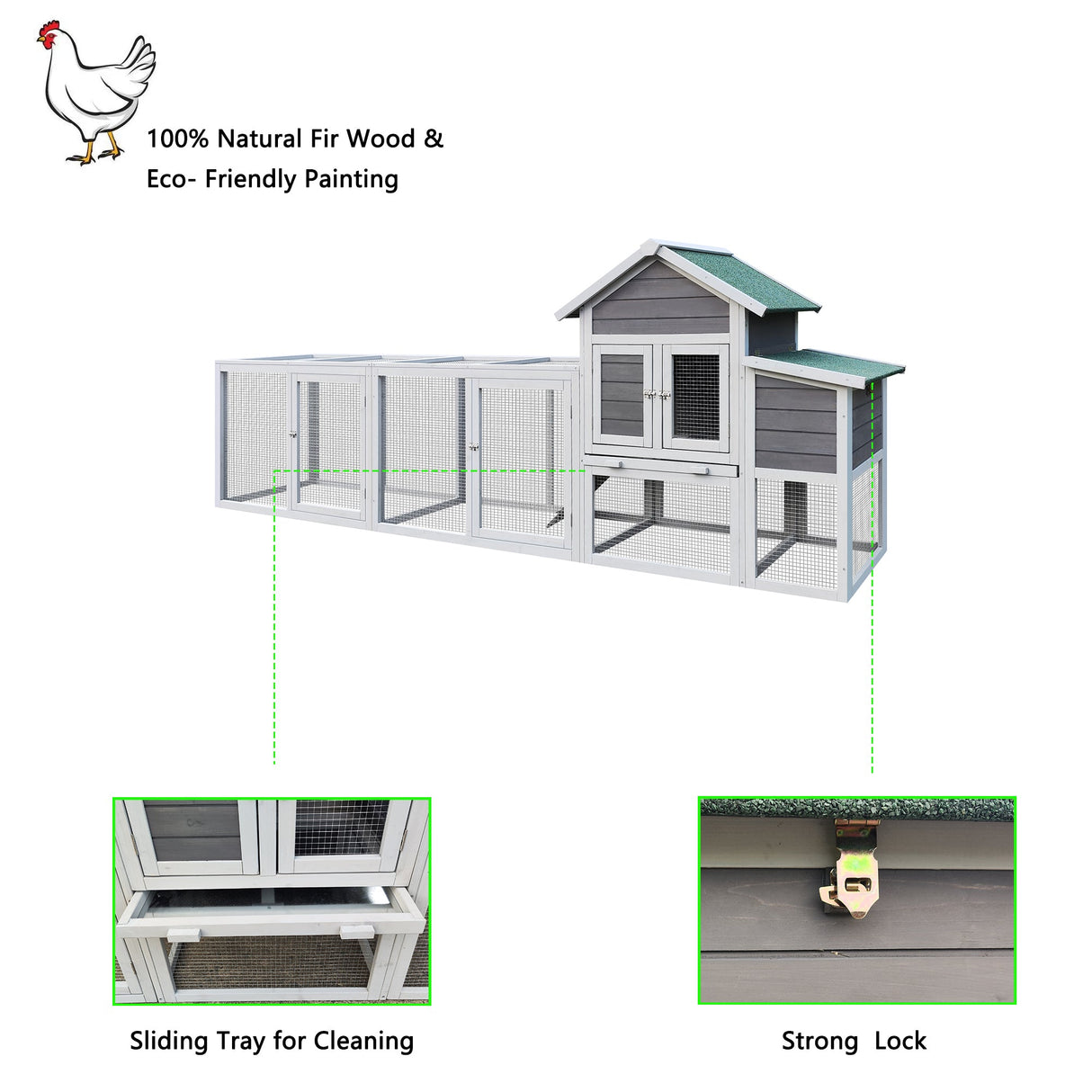 Wooden Chicken Coop with Run Waterproof Roof & Nesting Box Perch Sliding Tray and Secure Locks - Fab Heavy Parts