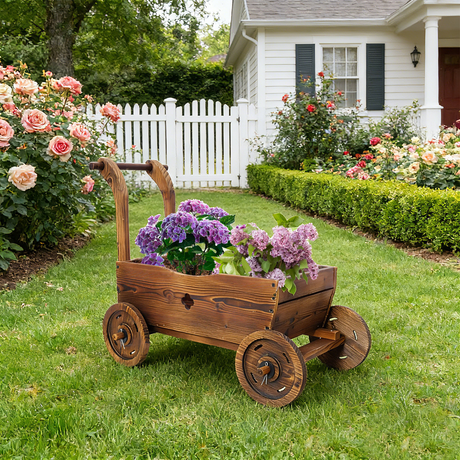 Wooden Wagon Planter Box Mobile Garden with 4 Wheels Handle Drain Hole Decorative Flower - Brown - Fab Heavy Parts