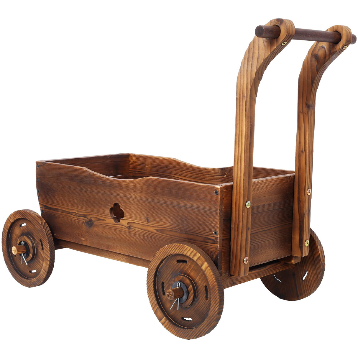 Wooden Wagon Planter Box Mobile Garden with 4 Wheels Handle Drain Hole Decorative Flower - Brown - Fab Heavy Parts