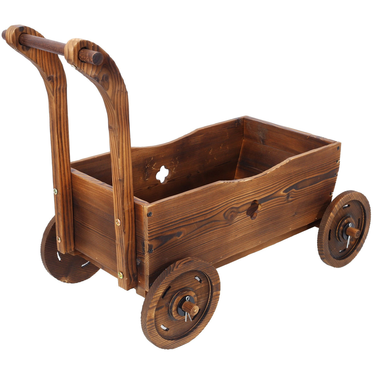 Wooden Wagon Planter Box Mobile Garden with 4 Wheels Handle Drain Hole Decorative Flower - Brown - Fab Heavy Parts