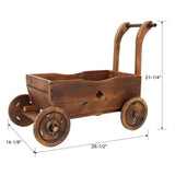 Wooden Wagon Planter Box Mobile Garden with 4 Wheels Handle Drain Hole Decorative Flower - Brown - Fab Heavy Parts