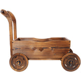 Wooden Wagon Planter Box Mobile Garden with 4 Wheels Handle Drain Hole Decorative Flower - Brown - Fab Heavy Parts