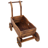 Wooden Wagon Planter Box Mobile Garden with 4 Wheels Handle Drain Hole Decorative Flower - Brown - Fab Heavy Parts