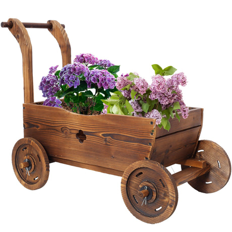Wooden Wagon Planter Box Mobile Garden with 4 Wheels Handle Drain Hole Decorative Flower - Brown - Fab Heavy Parts