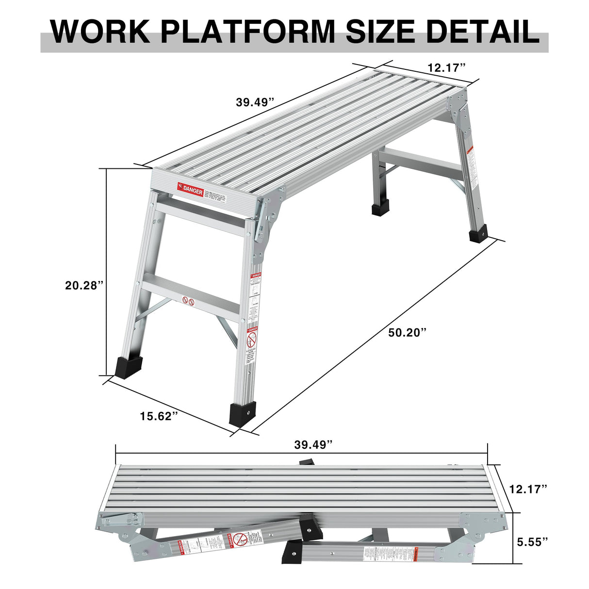 Work Platform Aluminum Portable Bench Folding Ladder ANSI Capacity 225 LBS 40" - Grey - Fab Heavy Parts