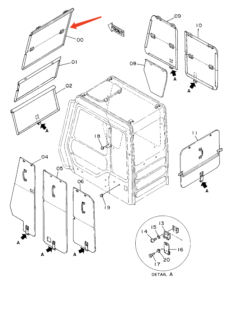 Frame Front Window Fits Hitachi EX200, EX220, EX270, EX300, EX400, EX700 Excavator
