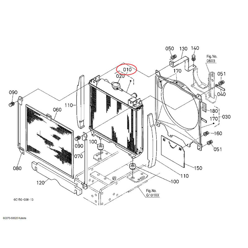 Radiator 6C070-58522 for Kubota Tractor B2710 B2410 Front Mower F2260 F2560 F2560E